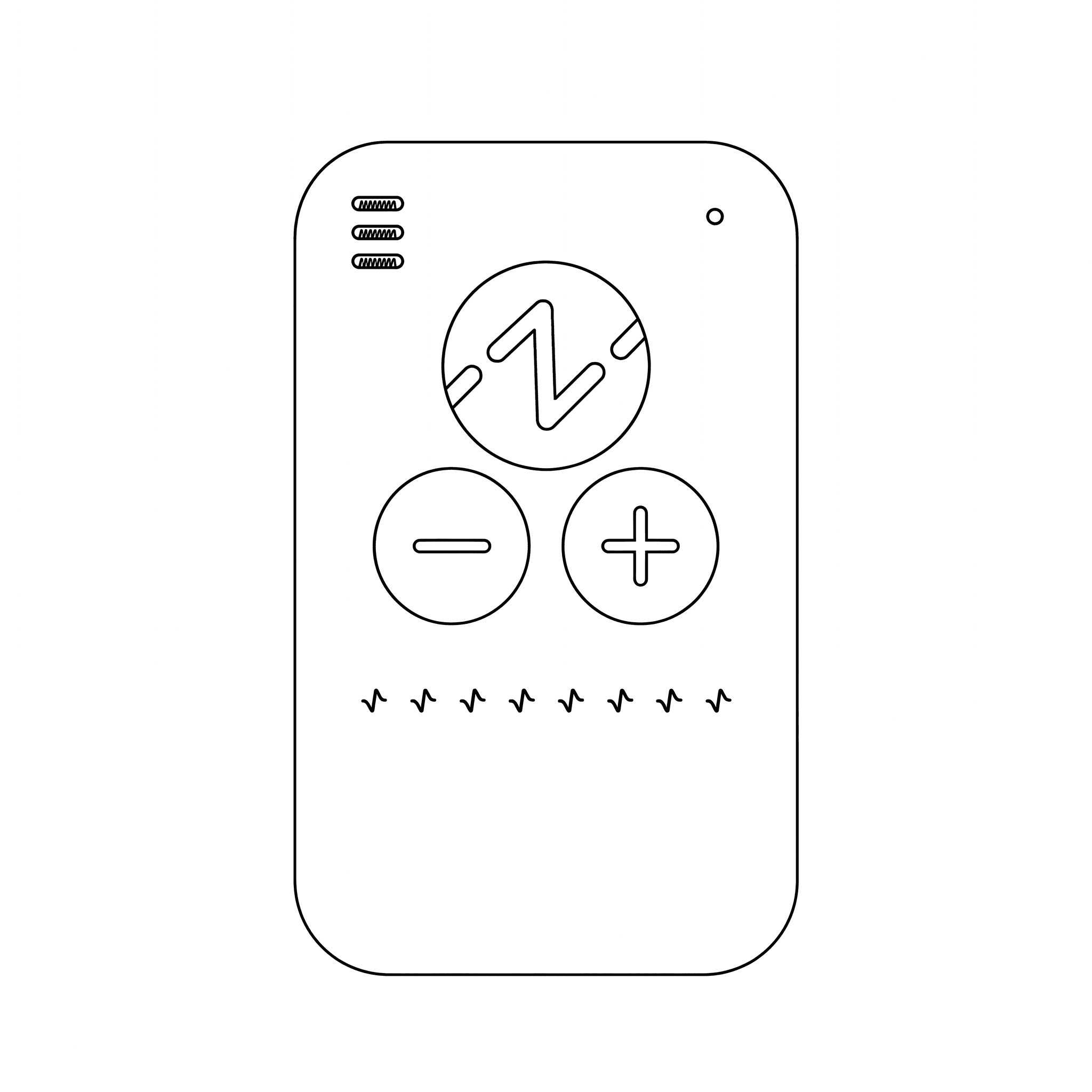Top view of the Serenity controller showing the Z, minus, and plus buttons, battery bars, stimulation level indicators, and status light.
